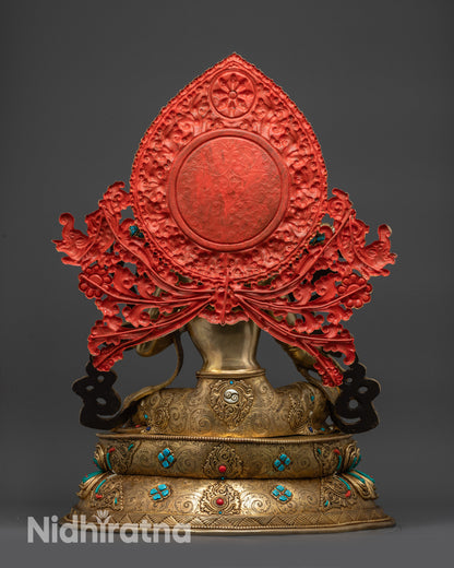 back view Green Tara statue ornate halo floral motifs, Nepalese Vajrayana collectible