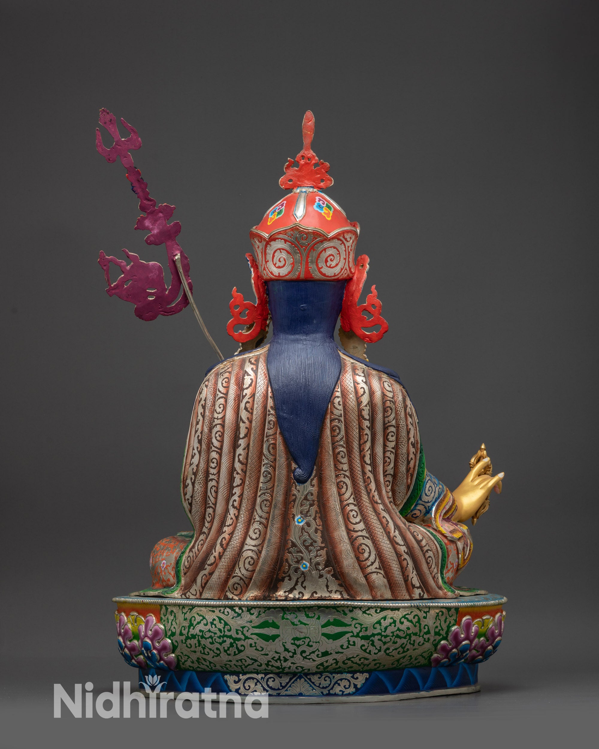 back view Guru Rinpoche Padmasambhava Statue with silver-plated finish and painted garments