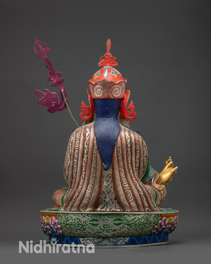back view Guru Rinpoche Padmasambhava Statue with silver-plated finish and painted garments