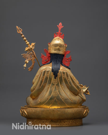 back view Guru Rinpoche statue intricate garment motifs and handcrafted lotus patterns