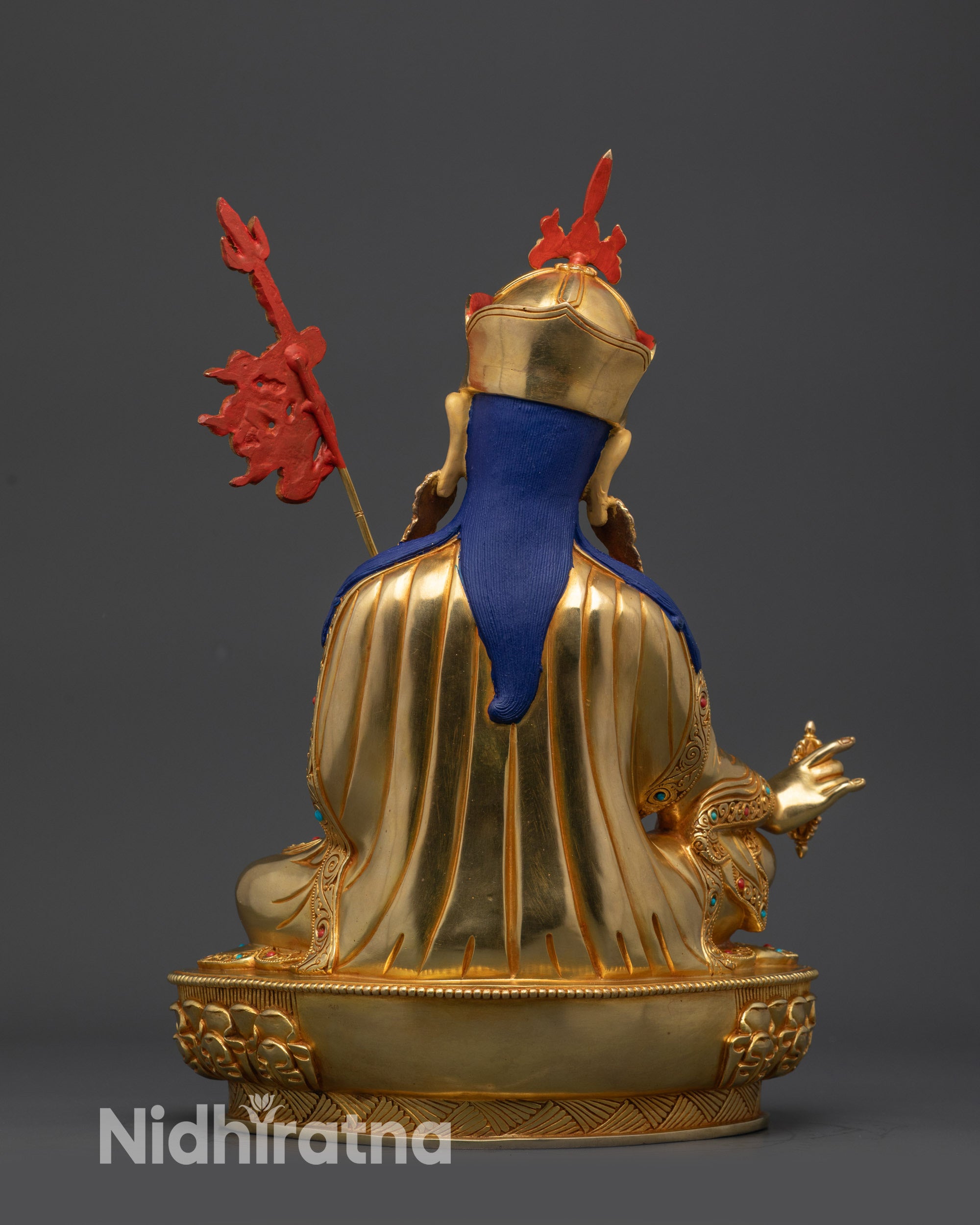 back view Guru Rinpoche statue with robe details and handcrafted motif patterns