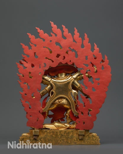 back view Mahakala Statue with flaming wisdom halo and intricate robe carvings