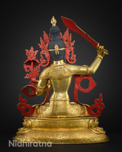 back view Manjushri Buddha statue lotus base with detailed embellishments representing purity and wisdom
