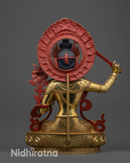 back view Manjushri Statue showing carved halo, robe patterns and lotus seat details