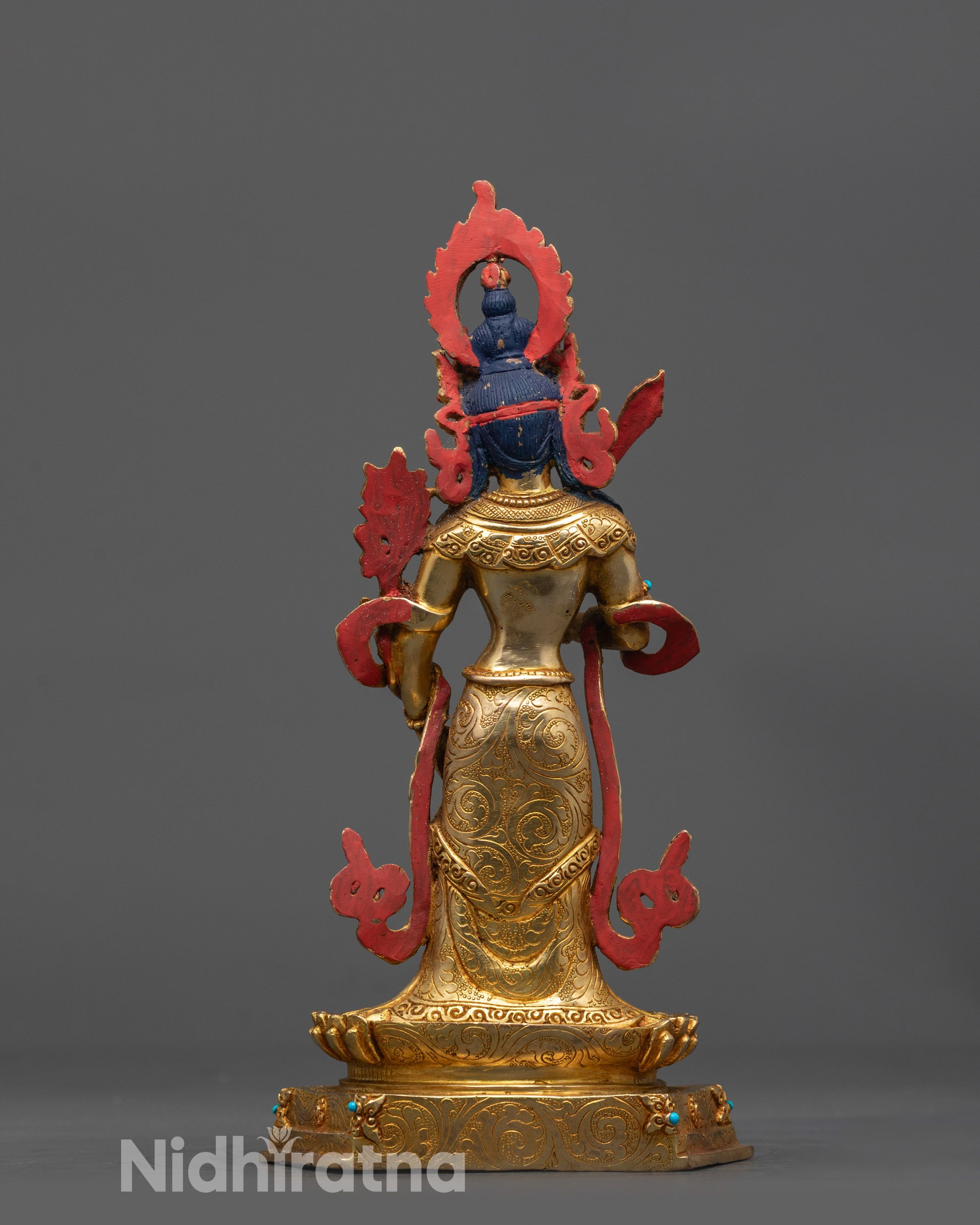 back view Manjushri Statue showing intricate robes and semi precious stone adornments