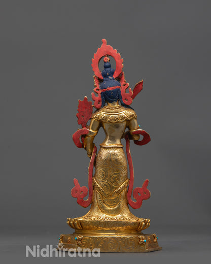 back view Manjushri Statue showing intricate robes and semi precious stone adornments