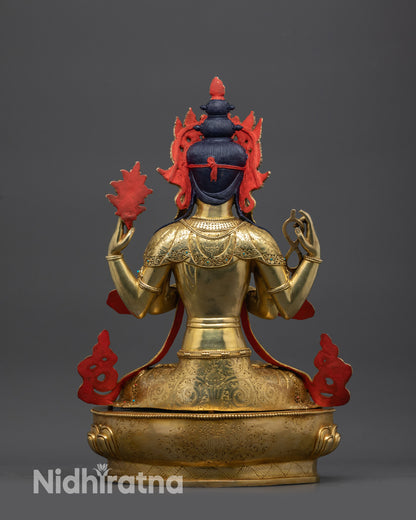 back view Nepalese Chenrezig sculpture showing intricately patterned lower garments and robe