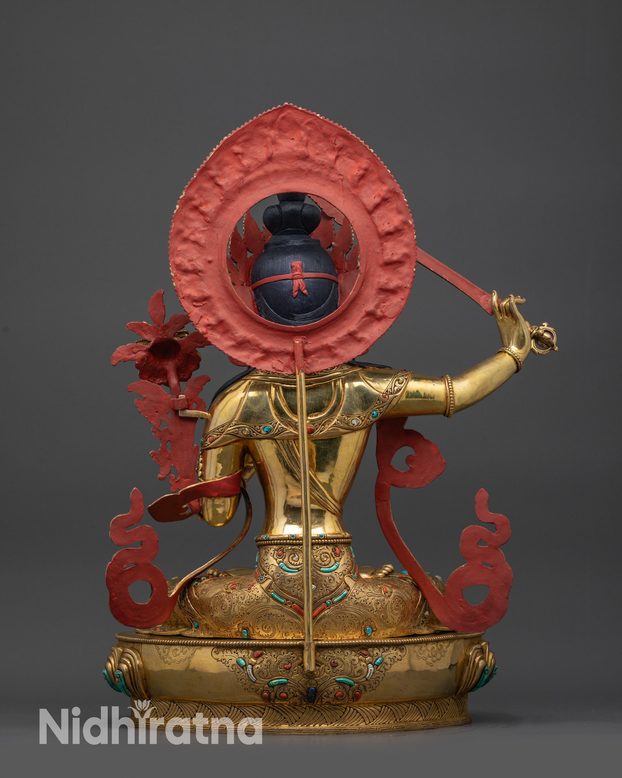 back view Premium Manjushri Statue showing detailed halo, lotus seat and robe carvings