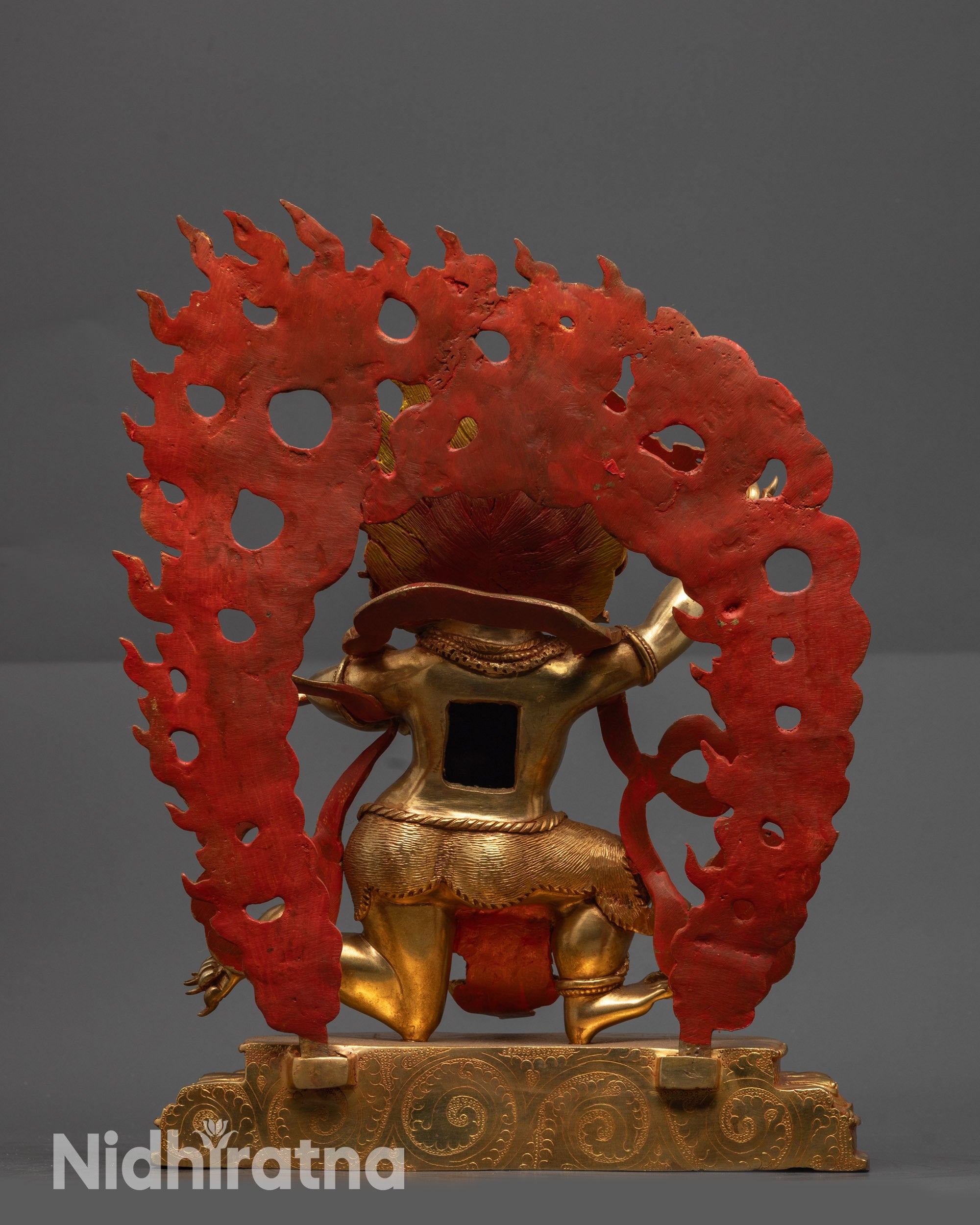 back view Protector Sankata statue gold fire-gilded body blazing halo sacred Himalayan art