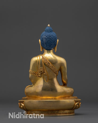 back view Shaka Nyorai Buddha showing intricate robe designs and lotus seat details 