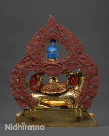 back view Simhanada Avalokiteshvara statue with halo adorned with semi-precious stones