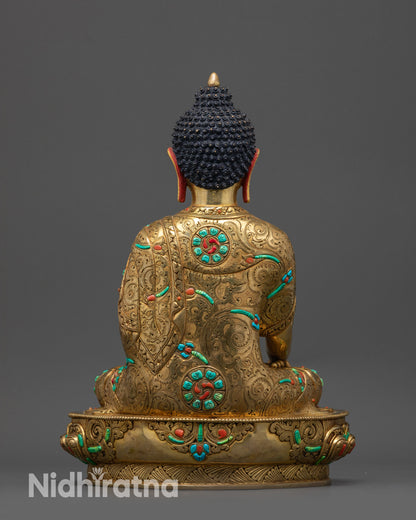 back view Tibetan Shakyamuni Buddha Statue with detailed robe patterns and textures