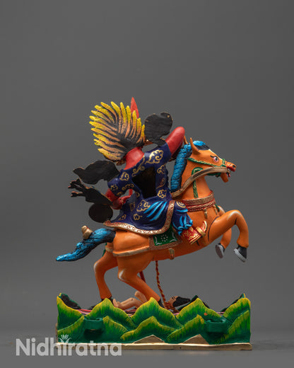 back view Tsengo Rolpa Chudan Statue with blazing flame halo and miniature Garuda