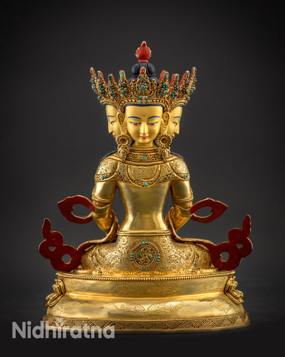 back view Vairocana Buddha statue on double-layered lotus base with detailed sacred robe carving