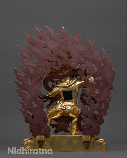 back view Vajrapani statue with flaming halo and flowing robes on copper base