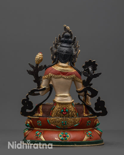 back view White Tara statue with colored robe and intricate gold-plated details
