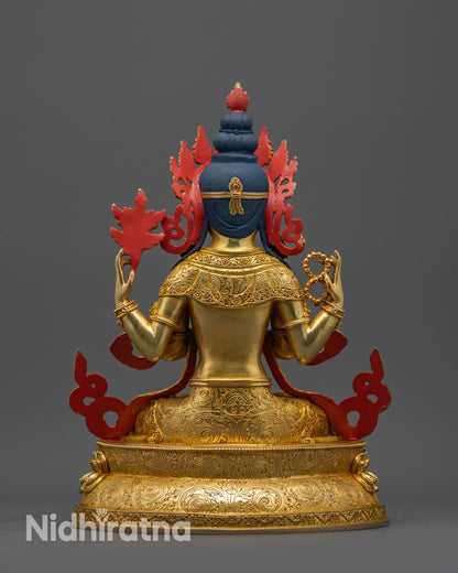 back view gold-gilded Avalokiteshvara statue with detailed robe patterns and sacred design