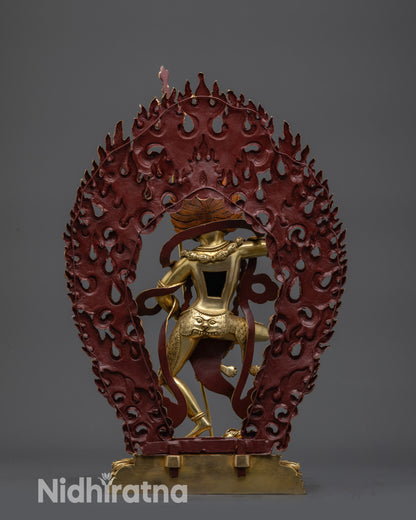 back view gold-gilded Simha Mukha statue showing detailed halo and tiger-skin robe