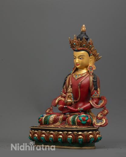 back view of Amitayus statue with detailed robe and semi-precious stone inlays