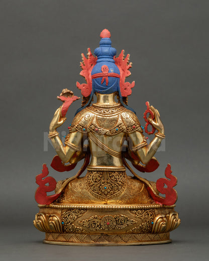 back view of Chenrezig statue showing gilded patterns and artisan carvings