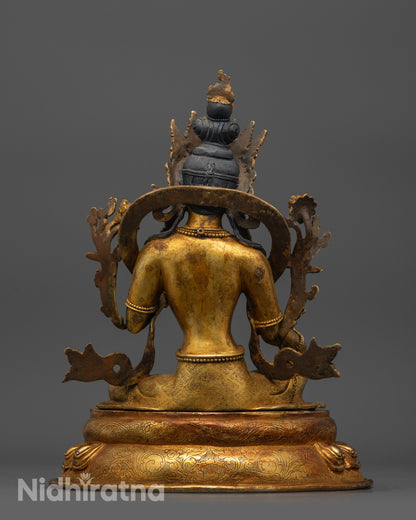 back view of Green Tara Statue highlighting detailed lotus seat and carved robe patterns