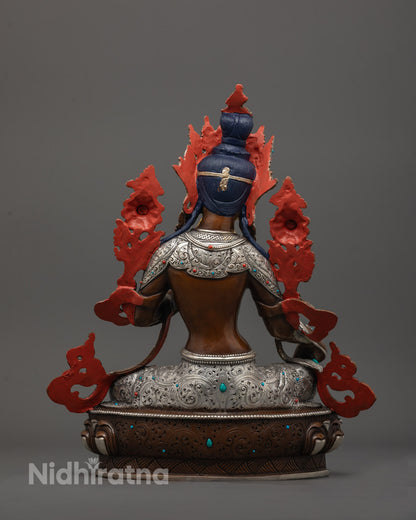 back view of Oxidized Green Tara Statue showing antique copper finish and fine carvings