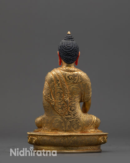 back view of Shakyamuni Buddha Statue highlighting detailed lotus seat and robe patterns 