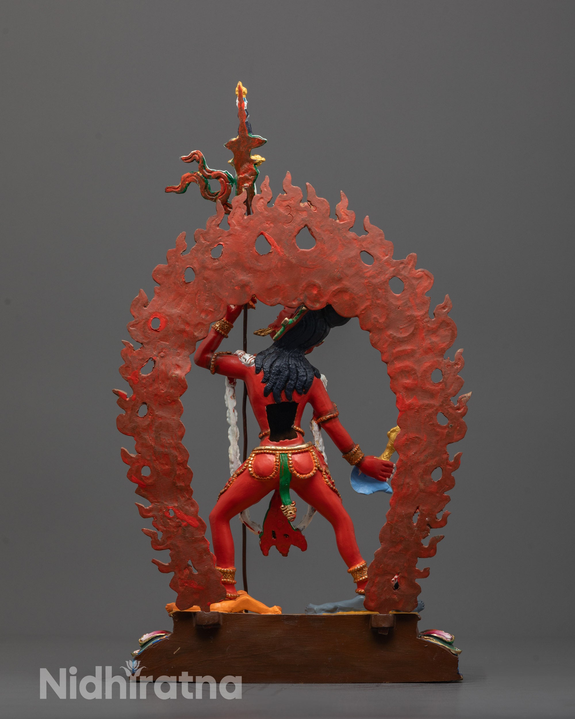 back view of Vajrayogini with fiery halo and intricate handcrafted ornamentation