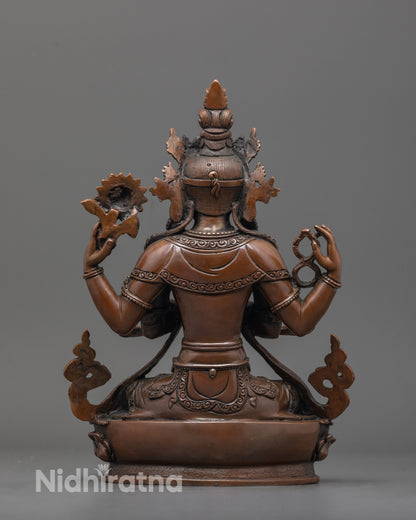 back view of chenrezig statue highlighting oxidized copper finish and fine craftsmanship