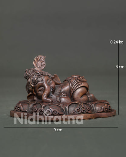 Bal Ganesh sleeping peacefully on a lotus base with intricate carved patterns