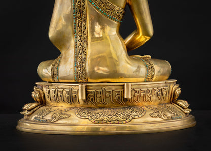 Base of Amitabha Buddha statue engraved with Tibetan mantra Om Ah-mee Deh-wah Hree, Nepal