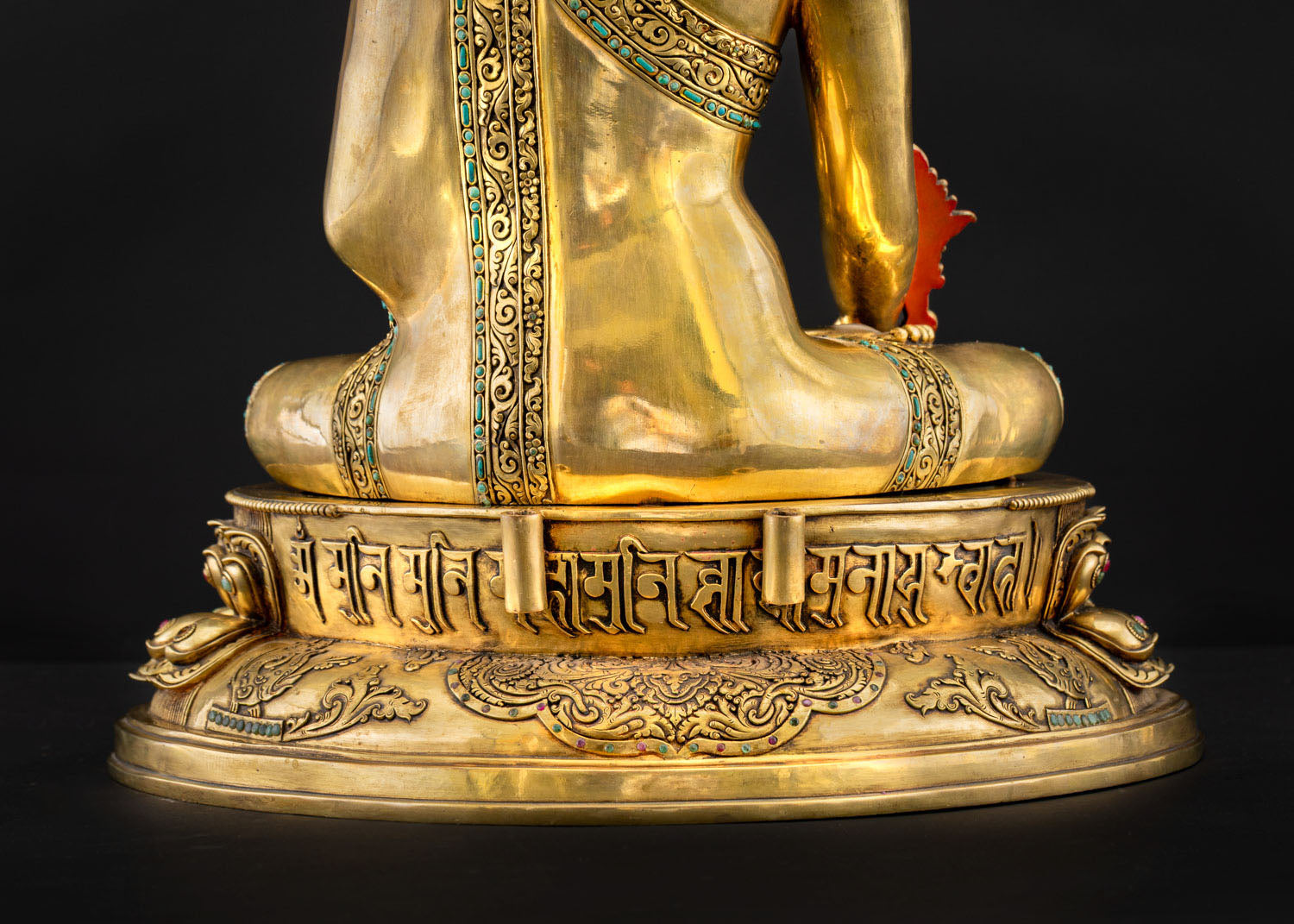 base of Bhaisajyaguru lotus pedestal with Tibetan mantra engravings and semi-precious stone inlays
