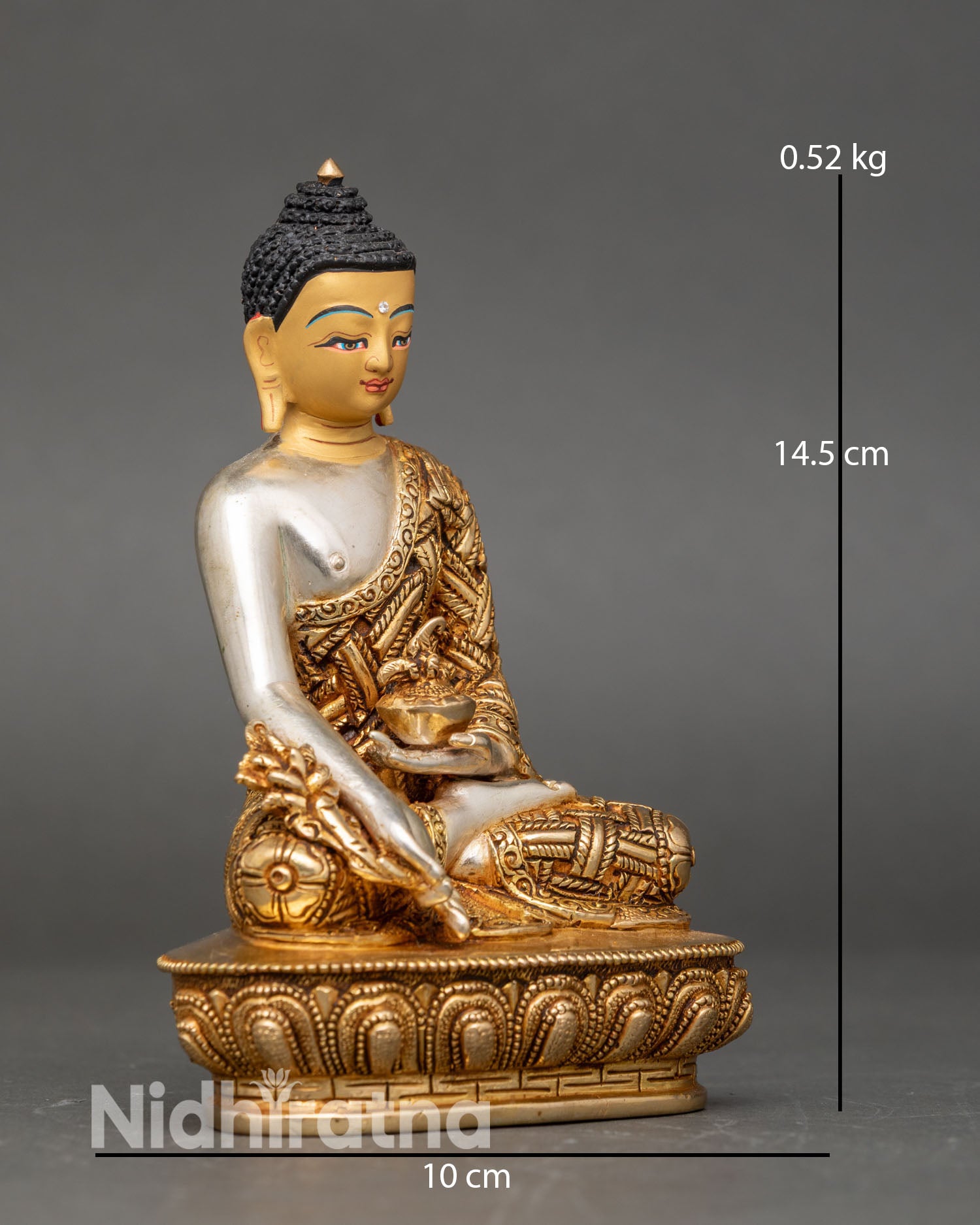 Bhaisajyaguru Buddha side view left hand dhyana mudra with medicine bowl