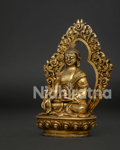 Bhaisajyaguru Medicine Buddha Statue Lotus Pedestal Himalayan Sculpture.