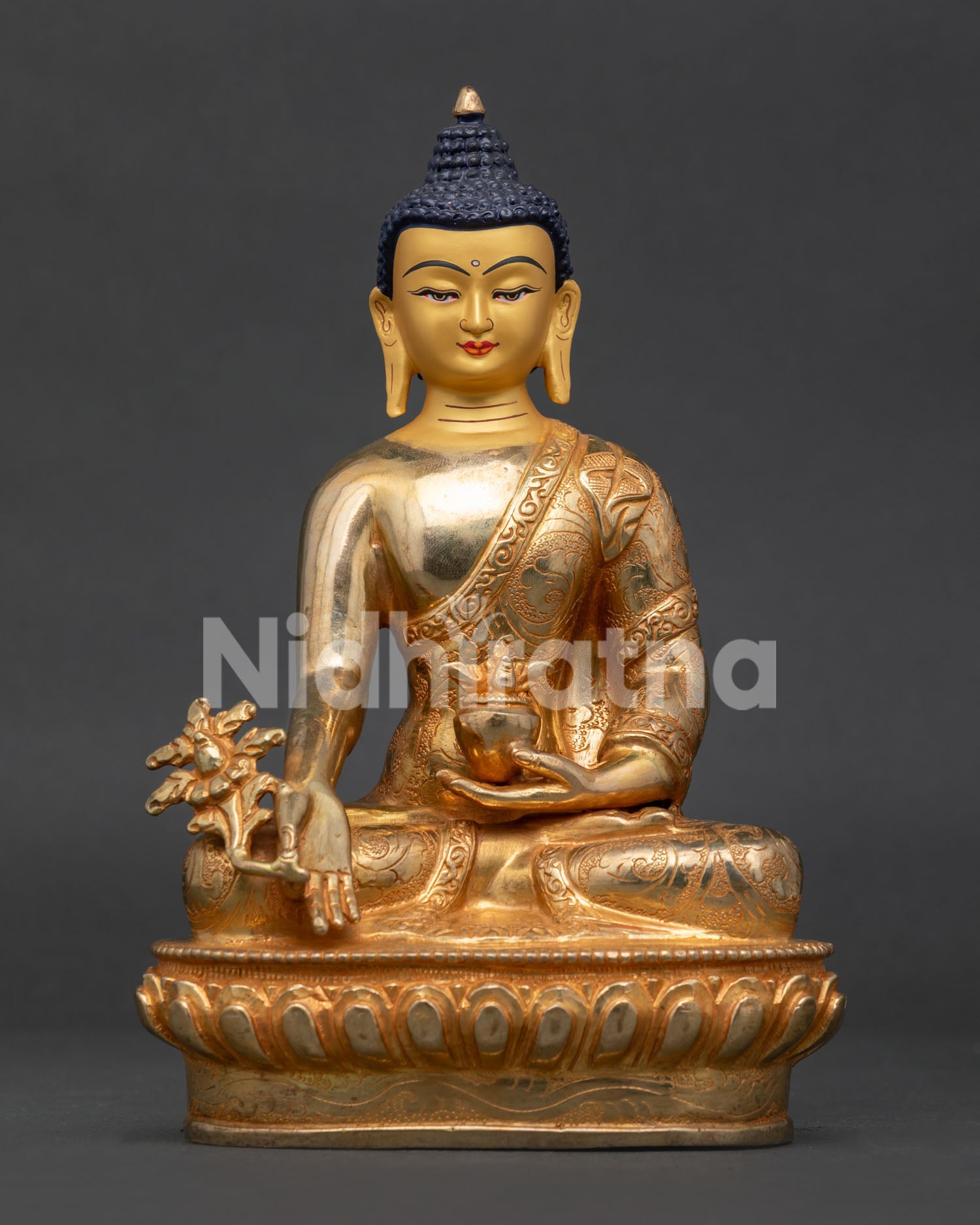 Bhaisajyaguru Medicine Buddha Statue with 24K gold fire gilded copper and gold painted face