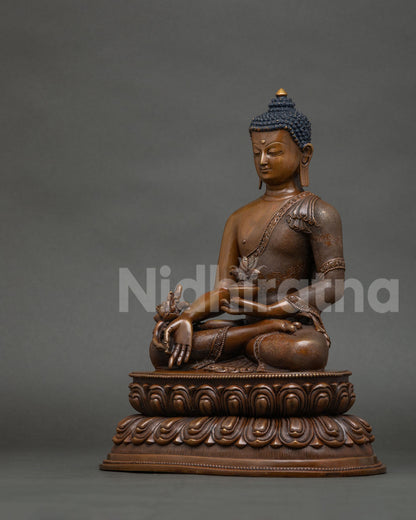 Bhaisajyaguru statue double lotus pedestal cloud floral robe detail.