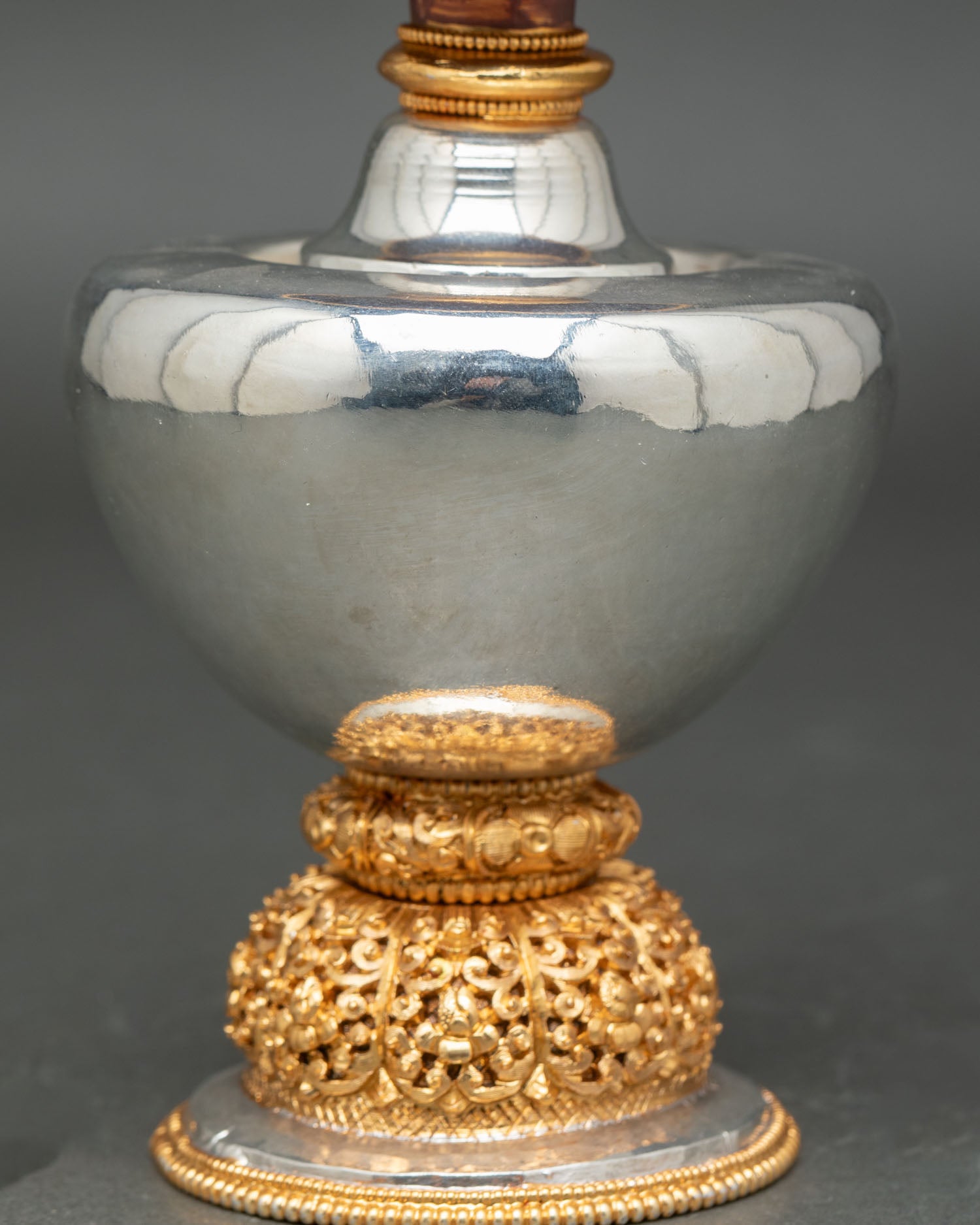 Bhumba Buddhist water vase, polished metal finish, copper ritual vessel, Nepal altar offering object