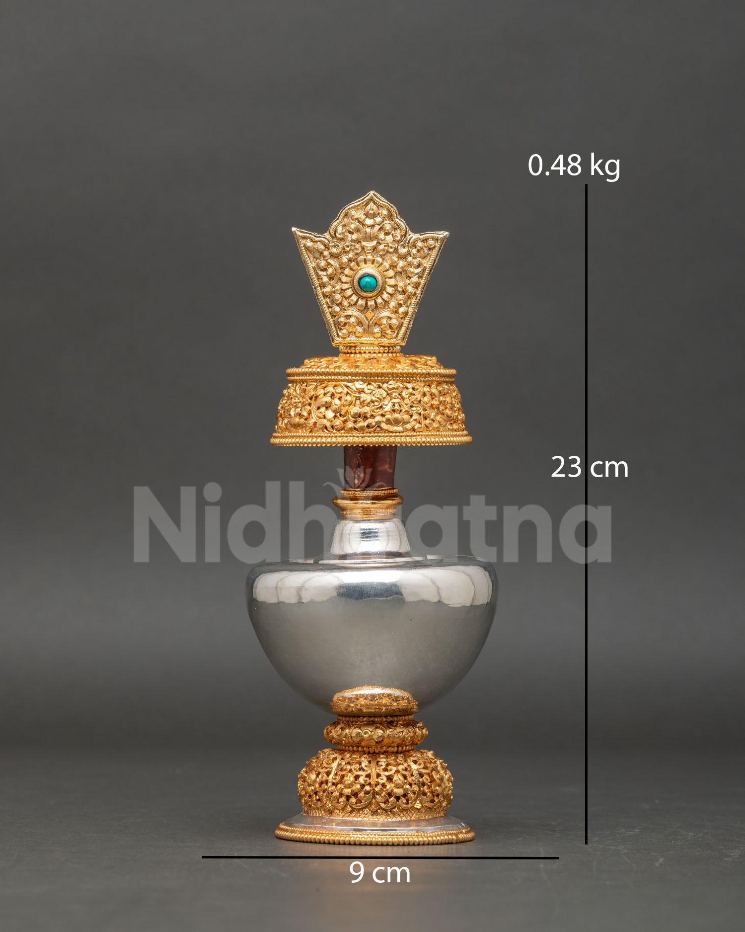 Bhumba ritual water vase, copper alloy, gold, and silver-plated Buddhist offering vessel, Nepal, handmade, Newari artisan altar art