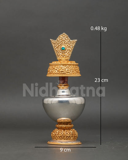 Bhumba ritual water vase, copper alloy, gold, and silver-plated Buddhist offering vessel, Nepal, handmade, Newari artisan altar art
