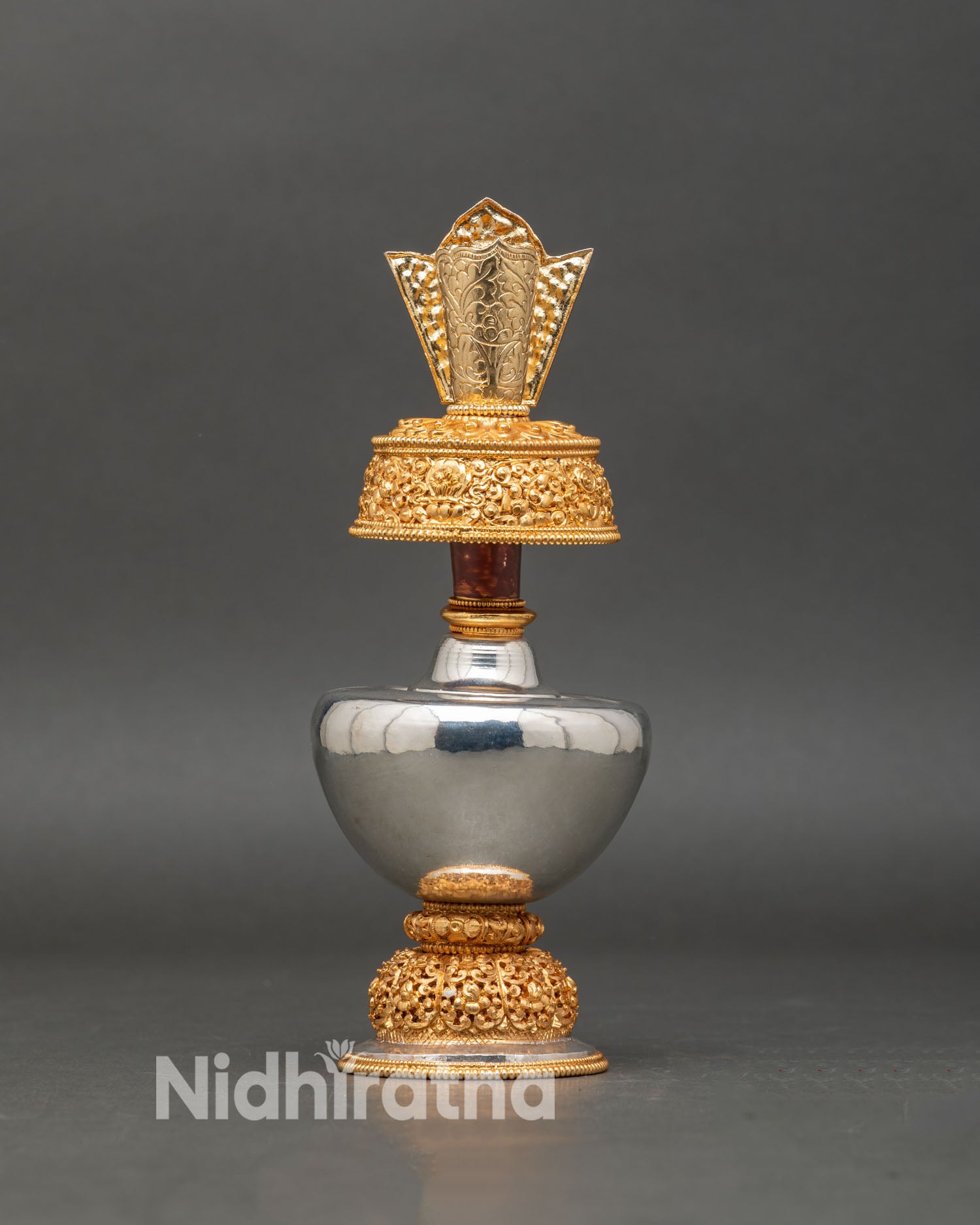 Bhumba sacred vase, traditional Himalayan Buddhist ritual object, gold silver-plated altar decor, protection, merit accumulation vessel