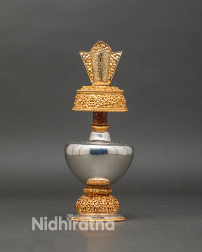 Bhumba sacred vase, traditional Himalayan Buddhist ritual object, gold silver-plated altar decor, protection, merit accumulation vessel