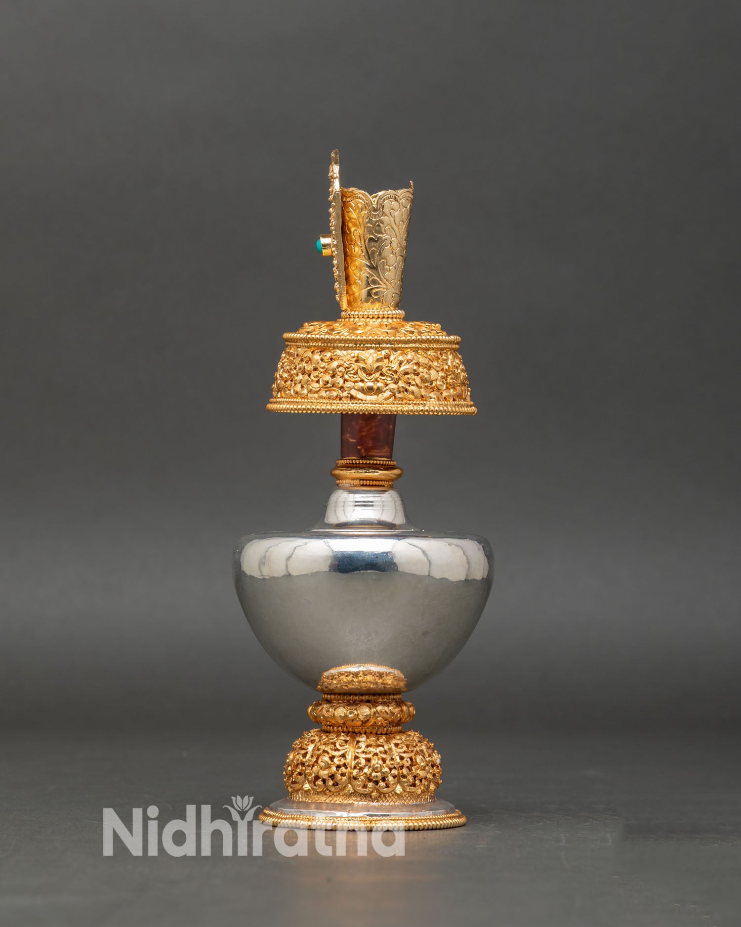 Bhumba vase, detailed, curved body, elongated neck, gold-plated base, Himalayan Buddhist ritual craftsmanship, sacred water offering pot