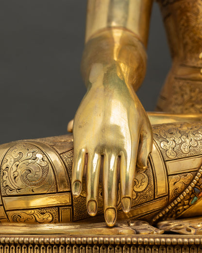 bhumisparsha mudra hand detail of shakyamuni buddha statue on lotus seat