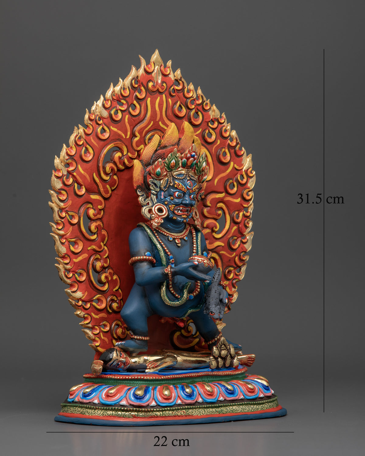Black Dzambhala copper statue with hand painted acrylic and gold details.