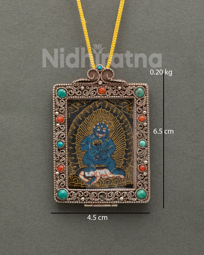 Black Dzambhala pure silver Ghau locket with hand-painted thangka and turquoise coral inlay