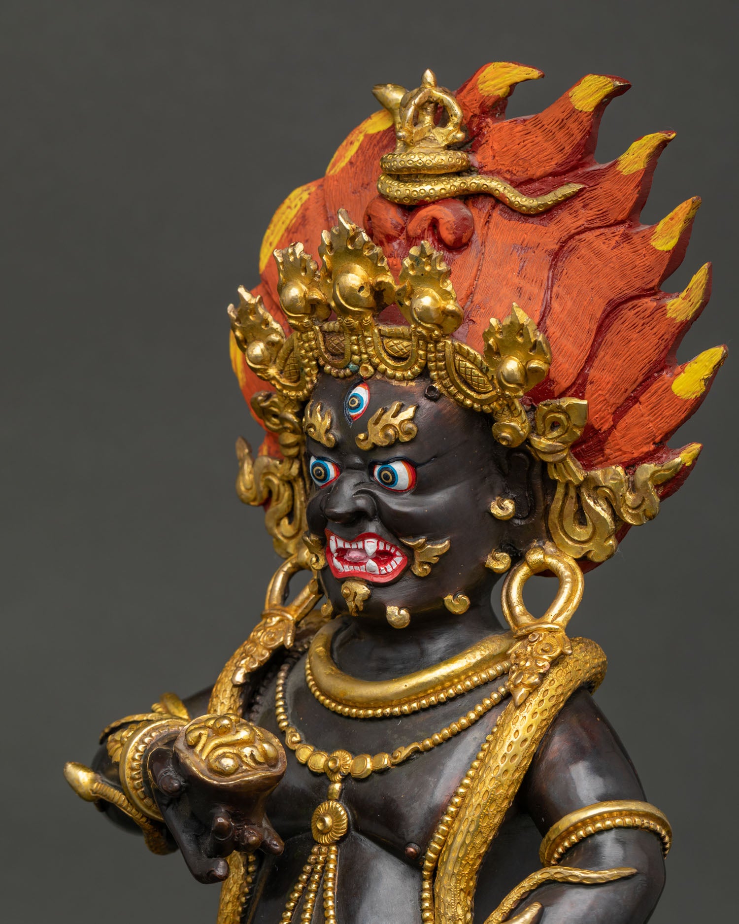 Black Dzambhala Statue Gold Gilded Jewelry Detailed Side Close Up