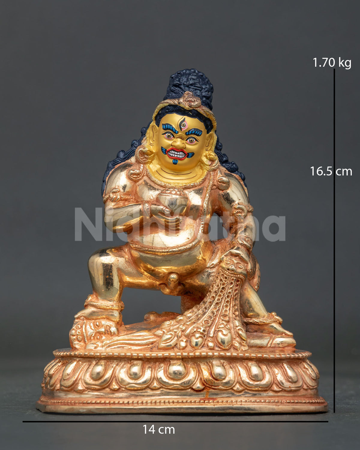 Black dzambhala statue handcrafted by newari artisans from patan nepal with gold fire gilded copper.