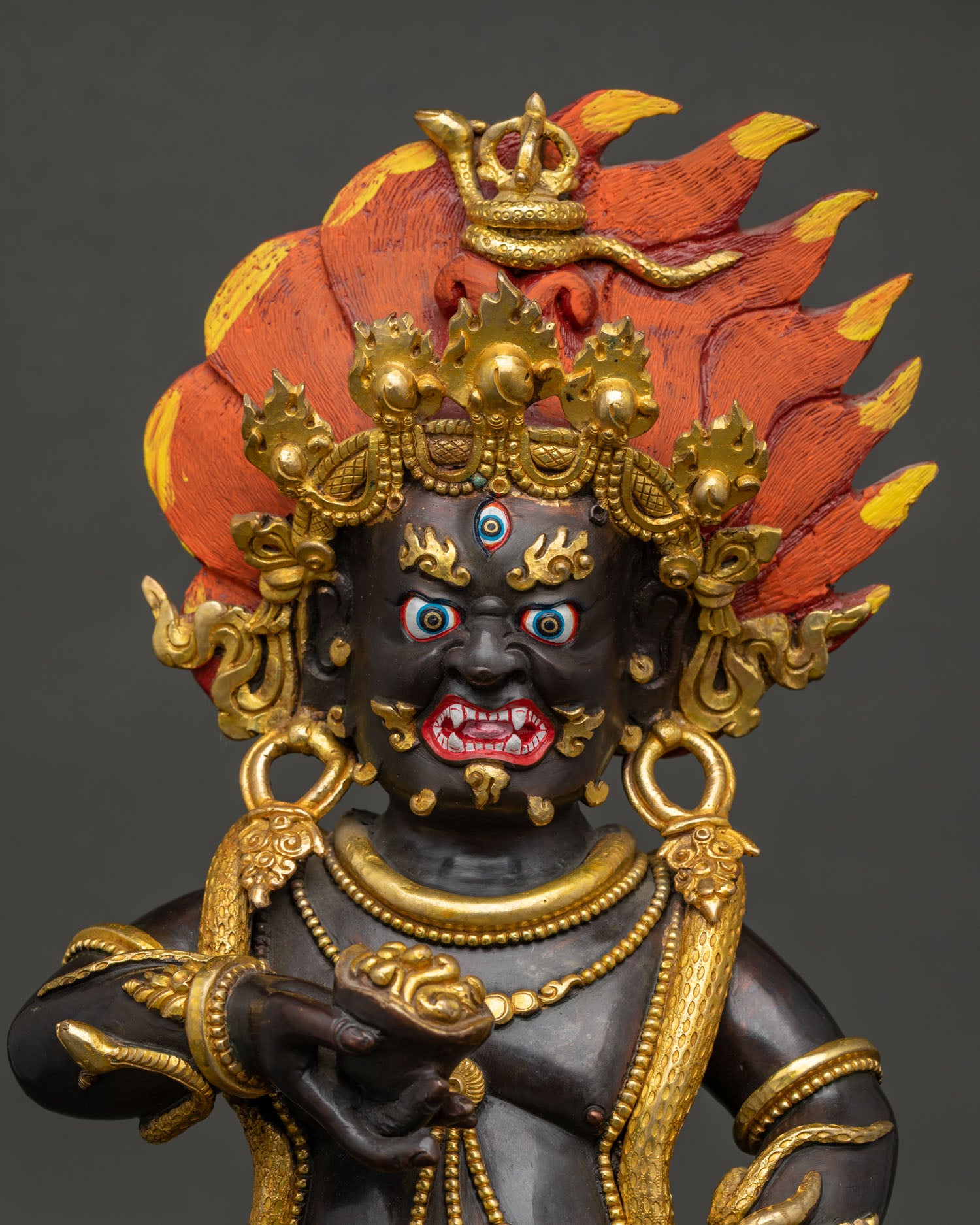 Black Dzambhala Statue Oxidized Copper Buddhist Artwork Close Up