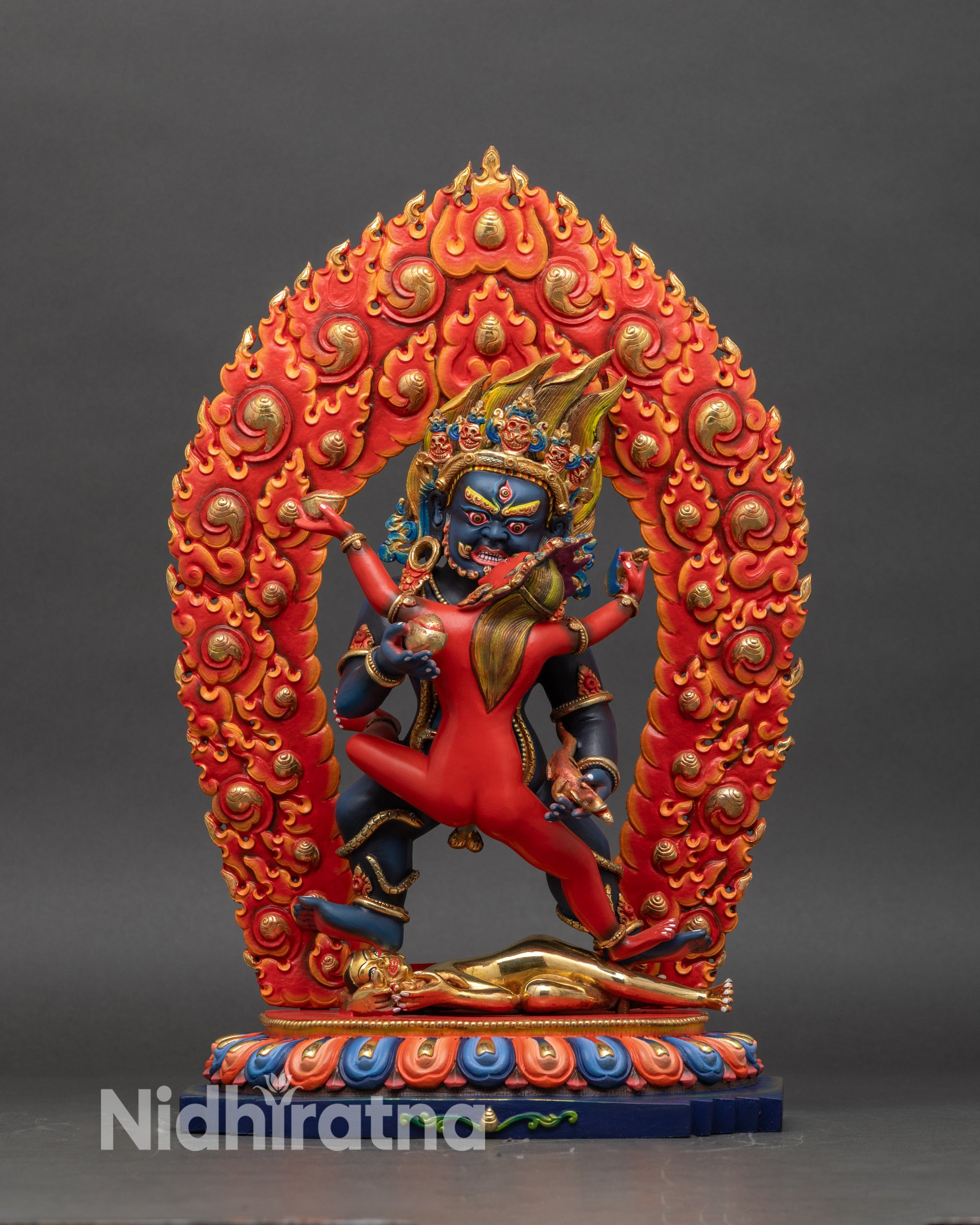 Black Dzambhala Yab Yum statue on lotus seat with halo, colorful copper Buddhist wealth deity