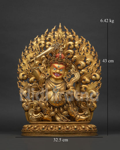 Black Manjushri copper statue, Jampal Nagpo wrathful Bodhisattva of Wisdom on lotus pedestal